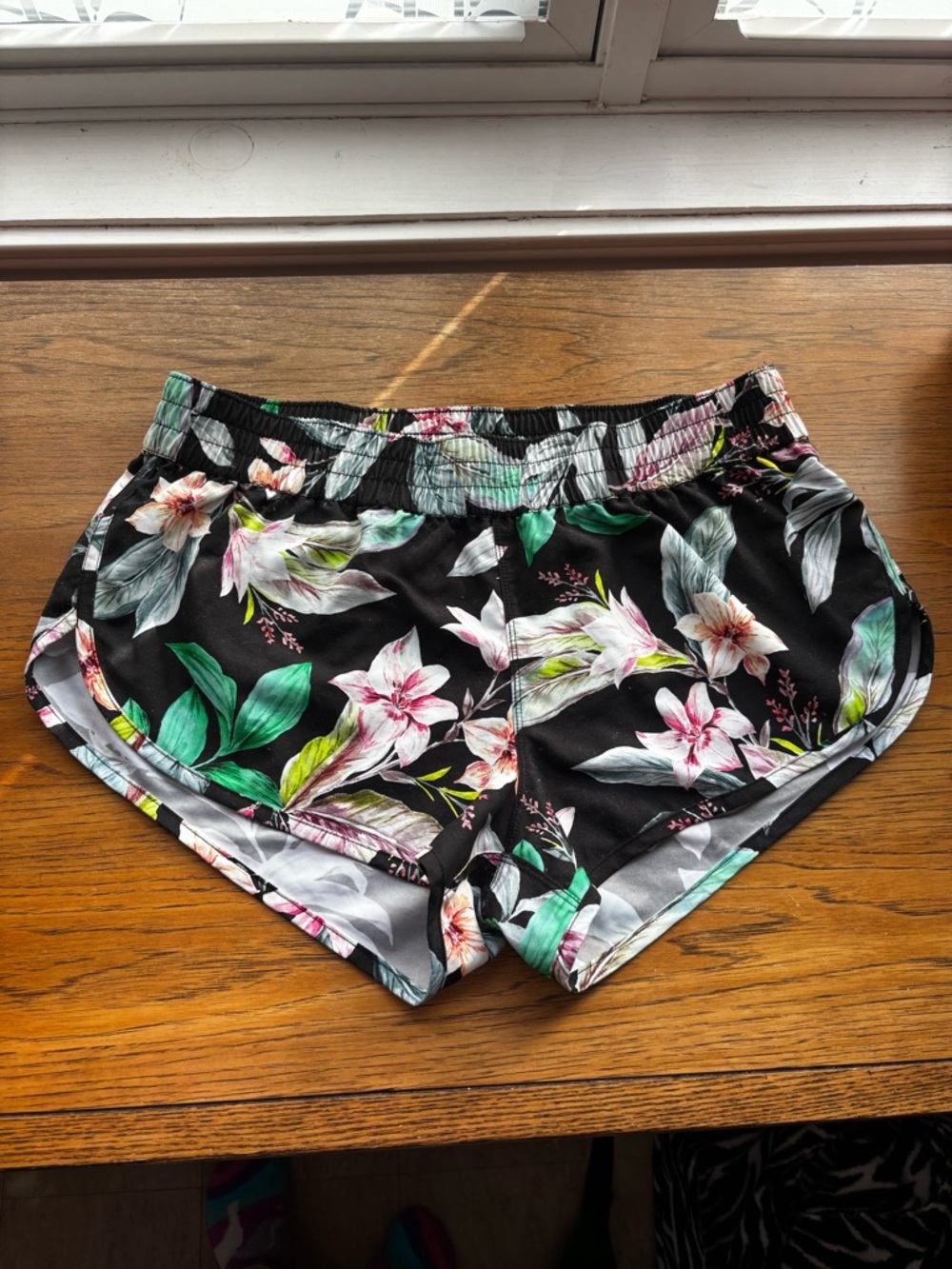 Hurley Black Floral Athletic Shorts with Green and Pink Accents